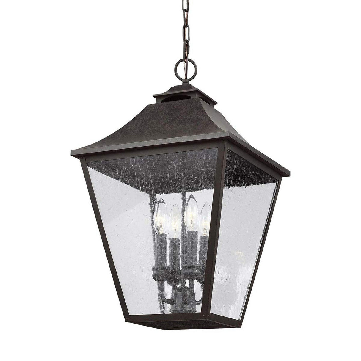 Introducing the Galena 4 Light Outdoor Chain Lantern - Grey: This vintage-inspired lantern features a metal frame and clear seeded glass panels, elegantly suspended from a chain. Inside, it showcases four candle-like bulbs, adding to its classic and rustic charm. Ideal for both indoor and outdoor settings, it is perfect for creating ambiance in any space.