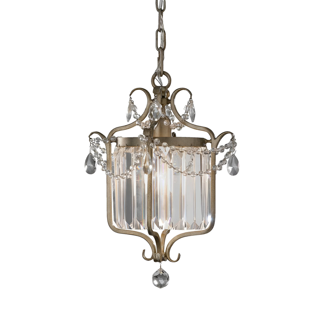 Introducing the Gianna 1 Light Pendant in Gilded Silver, a vintage-style chandelier with ornate metalwork and crystal adornments that exudes timeless elegance. This fixture features clear glass panels around the bulb, complemented by decorative chains and droplets, making it an elegant addition perfect for Italian interiors.