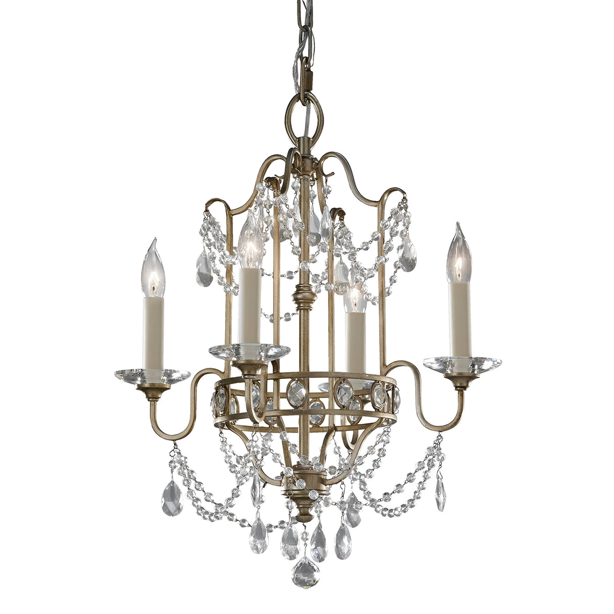 The Gianna 4 Light Chandelier in Gilded Silver is an elegant vintage-style fixture with a sophisticated Italian design, featuring a gold metal frame adorned with hand-cut crystal embellishments and four candle-shaped bulbs. It is suspended by a decorative chain.