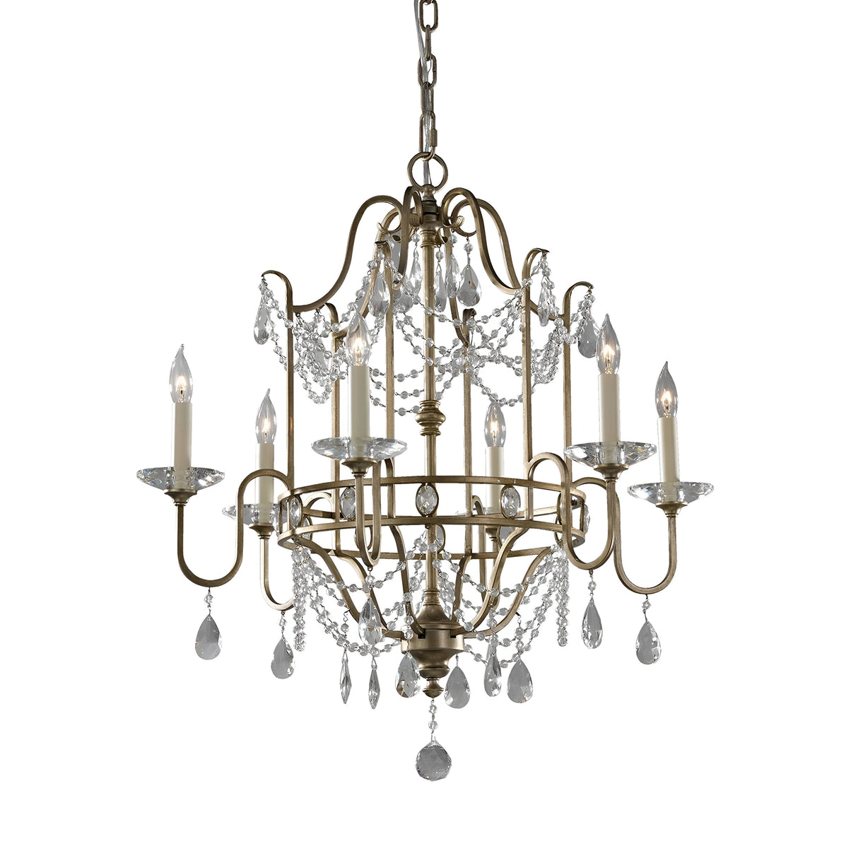 The Gianna 6 Light Chandelier - Gilded Silver showcases an elaborate gold-toned metal frame with a delicate Gilded Silver finish. It includes six candle-style lights and is embellished with hand-cut crystal accents, offering a sophisticated and luxurious look.