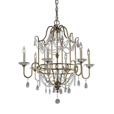 The Gianna 6 Light Chandelier - Gilded Silver showcases an elaborate gold-toned metal frame with a delicate Gilded Silver finish. It includes six candle-style lights and is embellished with hand-cut crystal accents, offering a sophisticated and luxurious look.