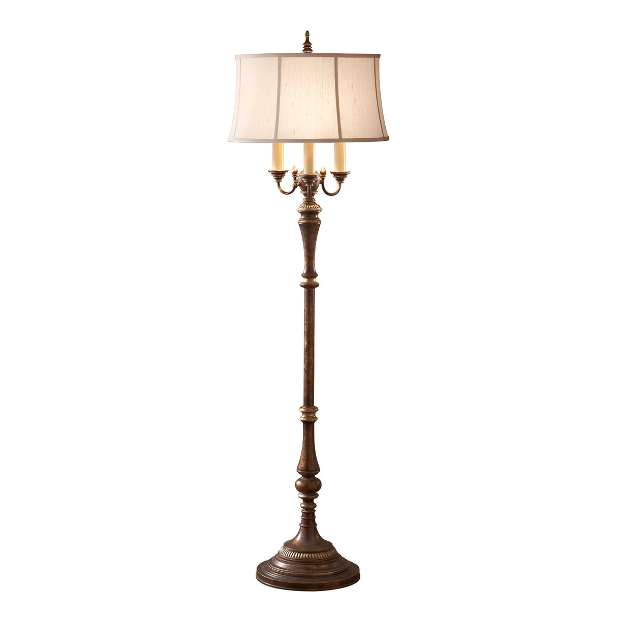 Introducing the Gibson 4 Light Floor Lamp in Dark Brown, a vintage-style masterpiece featuring a decorative stand and cream-colored bell-shaped lampshade. This exquisite piece from our vintage lighting collection boasts multiple sockets and elegant detailing for creating an ambient atmosphere.