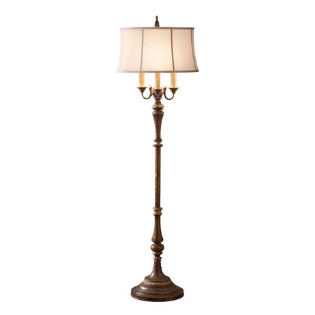 Introducing the Gibson 4 Light Floor Lamp in Dark Brown, a vintage-style masterpiece featuring a decorative stand and cream-colored bell-shaped lampshade. This exquisite piece from our vintage lighting collection boasts multiple sockets and elegant detailing for creating an ambient atmosphere.