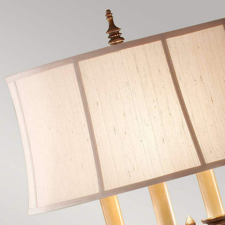 Close-up view of the Gibson 4 Light Floor Lamp in dark brown, featuring a rectangular beige lampshade with a decorative bronze finial on top, set against a neutral background and evoking vintage lighting designs that craft an ambient atmosphere.