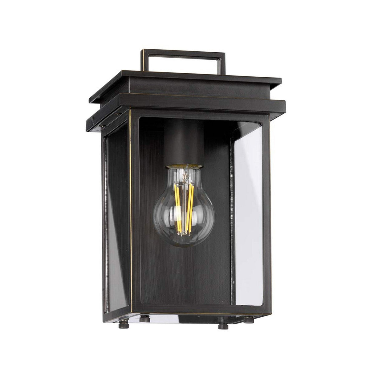 The Glenview 1 Light Outdoor Small Wall Lantern, finished in Antique Bronze, is a black metal and glass piece featuring a clear vintage-style bulb. Its rectangular shape and convenient handle on top provide an elegant touch that enhances its timeless appeal.