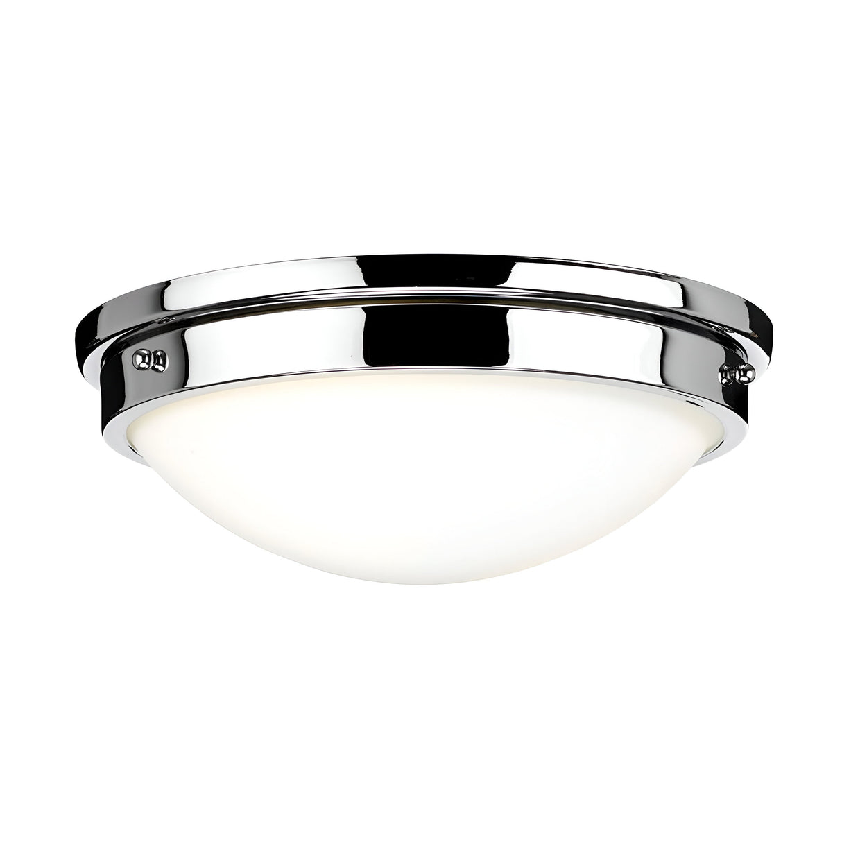 The Gravity 2 Light Flush - Polished Chrome ceiling fixture boasts a modern elegance with its polished chrome finish and sleek white dome-shaped diffuser, making it a standout piece in contemporary lighting.