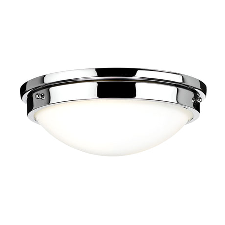 The Gravity 2 Light Flush - Polished Chrome ceiling fixture boasts a modern elegance with its polished chrome finish and sleek white dome-shaped diffuser, making it a standout piece in contemporary lighting.