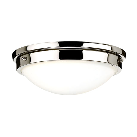 Introducing the Gravity 2 Light Flush in Polished Nickel, a sleek, round ceiling light with a polished nickel rim and smooth white glass dome. This minimalist design provides a soft, even glow that enhances any space with an added touch of elegance.