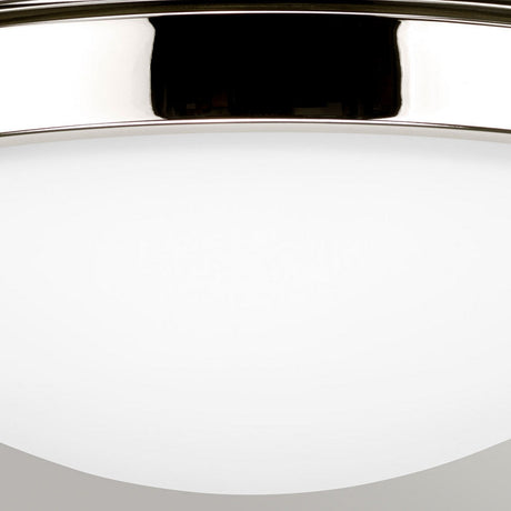 A close-up of the Gravity 2 Light Flush in polished nickel, featuring an opaque white glass dome. This fixture showcases a sleek, minimalist design that elegantly blends contemporary style with functionality.