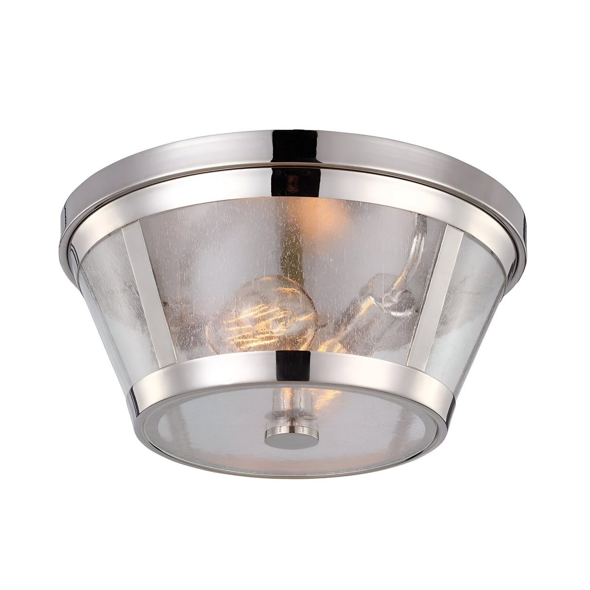 Detailed view of the Harrow 2 Light Flush ceiling fixture, featuring a circular brushed metal frame and elegantly curved seeded glass panels. The polished nickel finish complements the visible pair of light bulbs that emit a warm, inviting glow.