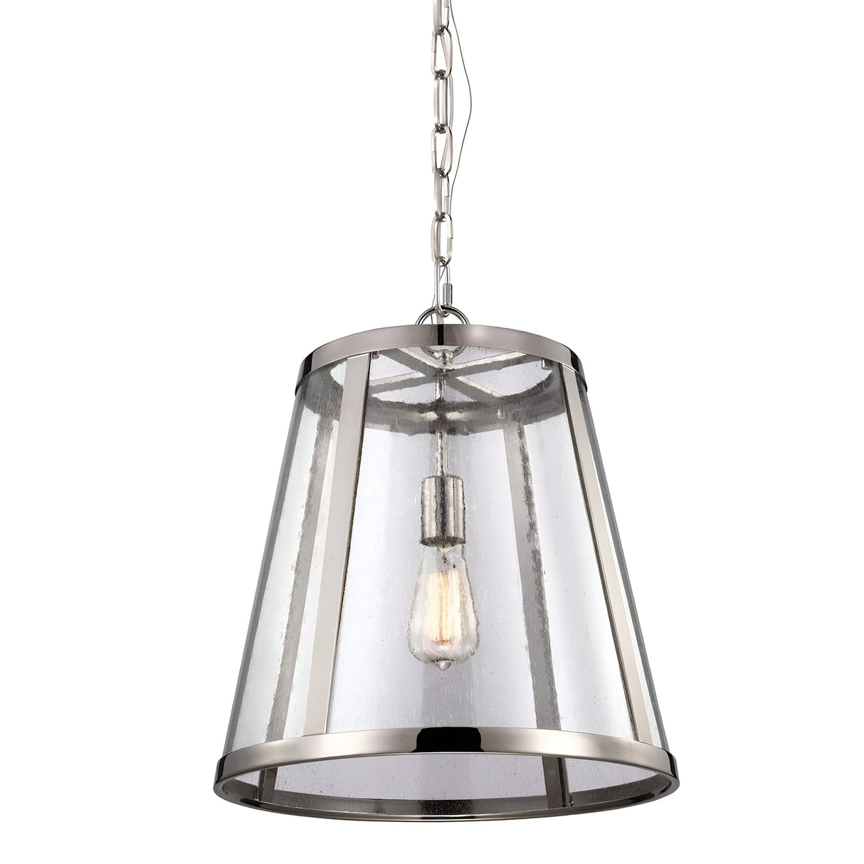The Harrow 1 Light Medium Pendant - Polished Nickel boasts a striking conical shade made from seeded glass, elegantly edged with polished nickel. An exposed bulb enhances its sophistication, gracefully hanging from a metal chain.