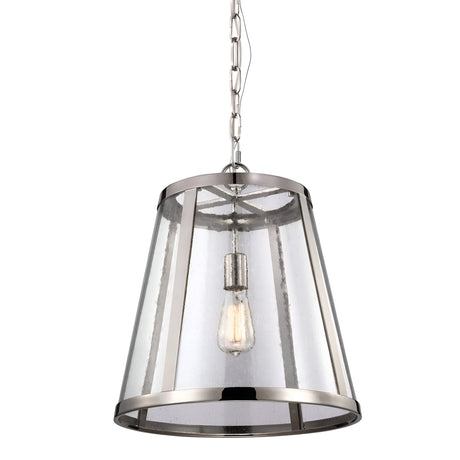 The Harrow 1 Light Medium Pendant - Polished Nickel boasts a striking conical shade made from seeded glass, elegantly edged with polished nickel. An exposed bulb enhances its sophistication, gracefully hanging from a metal chain.