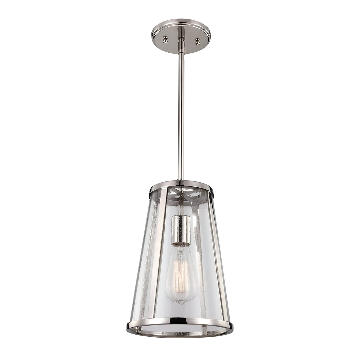 The Harrow 1 Light Small Pendant - Polished Nickel showcases a sleek polished nickel metal frame paired with a cylindrical clear seeded glass shade. With its visible Edison-style bulb, this pendant light hangs gracefully from a rod supported by a round ceiling mount, bringing contemporary elegance to any space.