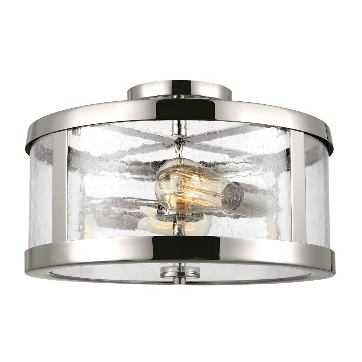 The Harrow 2 Light Semi Flush - Polished Nickel features a round polished nickel frame with a clear seeded glass shade that encases two visible bulbs, beautifully combining modern and industrial styles.