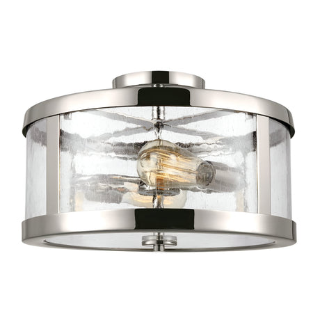 The Harrow 2 Light Semi Flush - Polished Nickel features a round polished nickel frame with a clear seeded glass shade that encases two visible bulbs, beautifully combining modern and industrial styles.