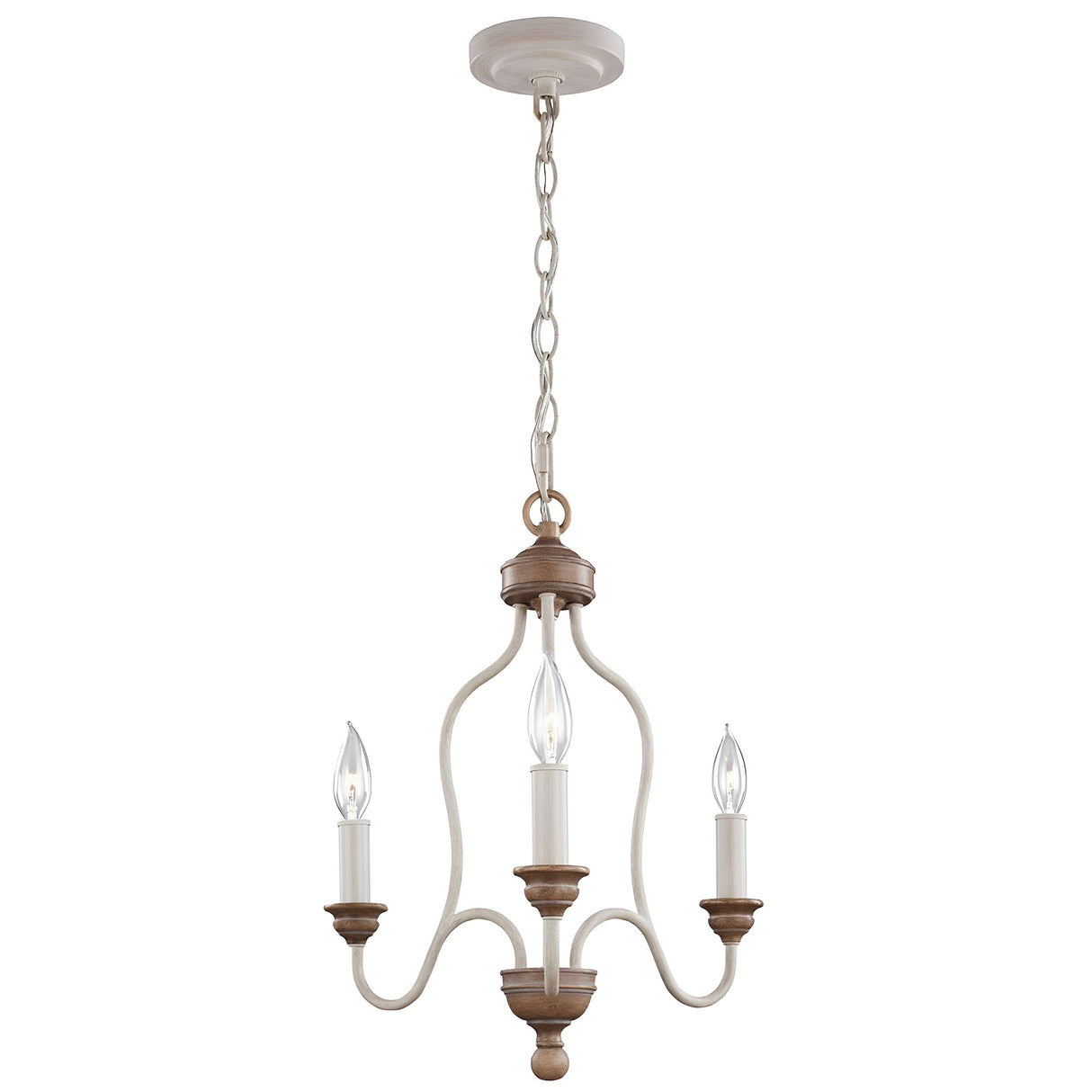 The Hartsville 3 Light Chandelier in Chalk Washed/Beachwood features a charming wooden and white metal frame suspended by a chain, ideal for coastal casual settings. This piece showcases candle-like light fixtures with clear bulb tips, capturing a classic rustic design aesthetic.