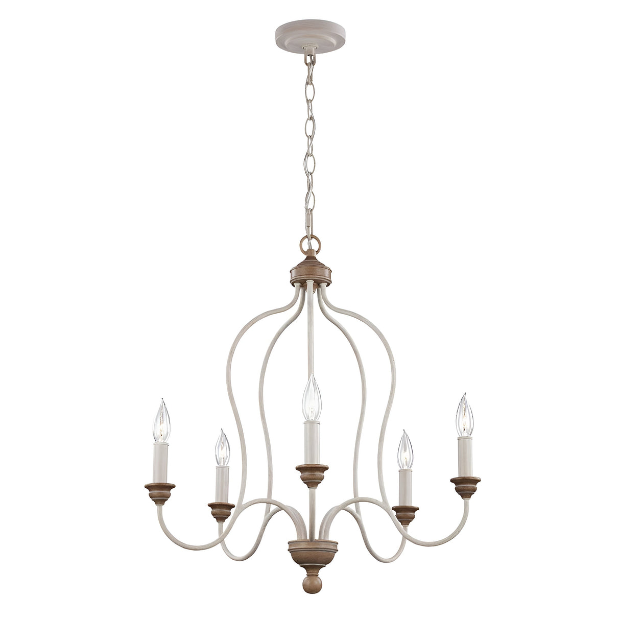 The Hartsville 5 Light Chandelier in Chalk Washed and Beachwood elegantly suspends from a chain with five candle-style light bulbs. Its farmhouse-inspired design adds rustic charm, while its elegant, curved silhouette provides a classic, sophisticated look, making it perfect for versatile placement options.