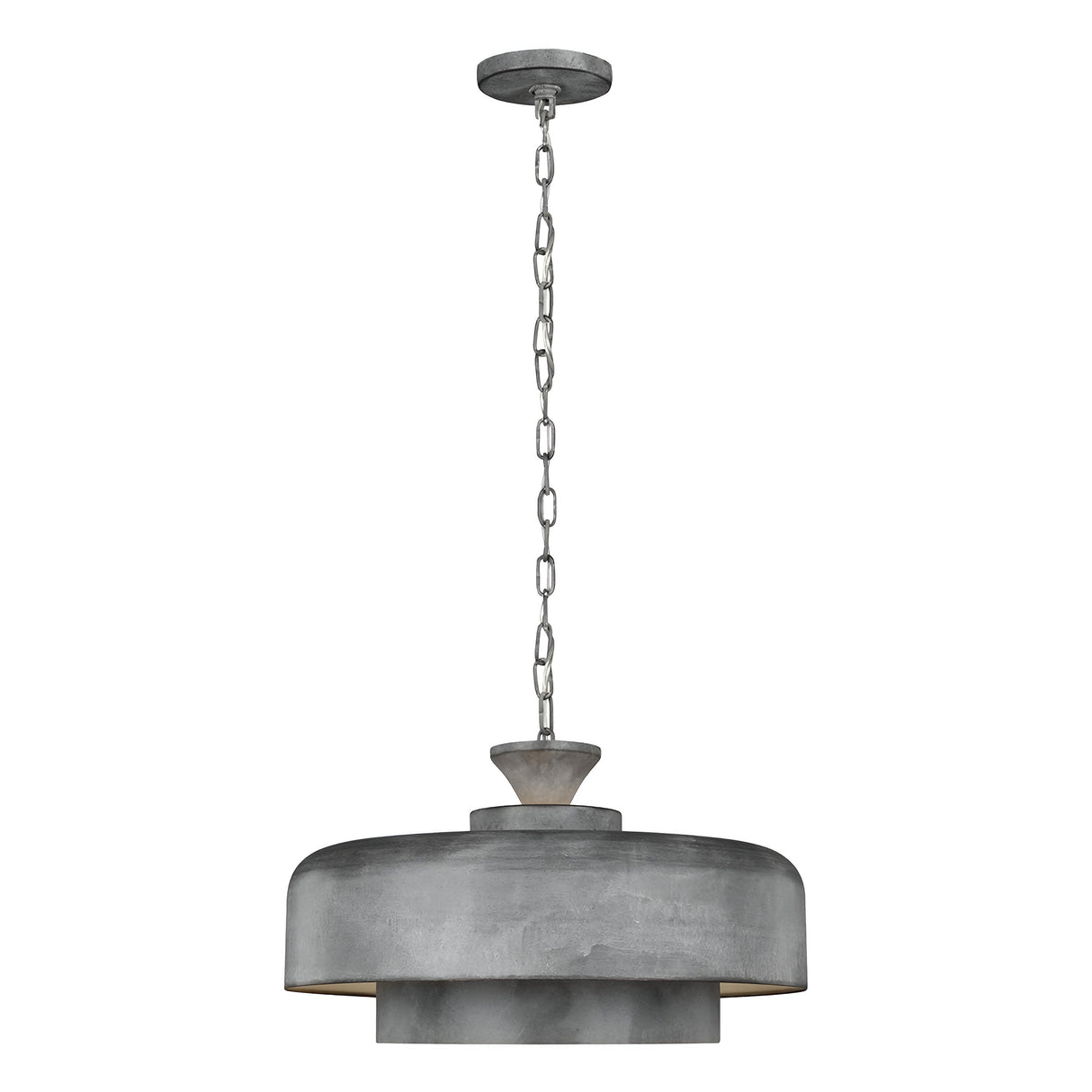 The Haymarket 1 Light Pendant in Weathered Galvanized finish offers a modern industrial style with rustic charm, featuring a concrete-like appearance. This fixture includes a chain suspension and a wide, rounded shade with a layered design that effortlessly combines contemporary flair with an industrial aesthetic.