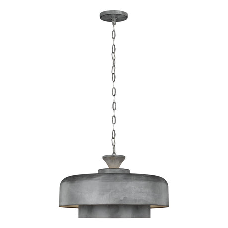 The Haymarket 1 Light Pendant in Weathered Galvanized finish offers a modern industrial style with rustic charm, featuring a concrete-like appearance. This fixture includes a chain suspension and a wide, rounded shade with a layered design that effortlessly combines contemporary flair with an industrial aesthetic.