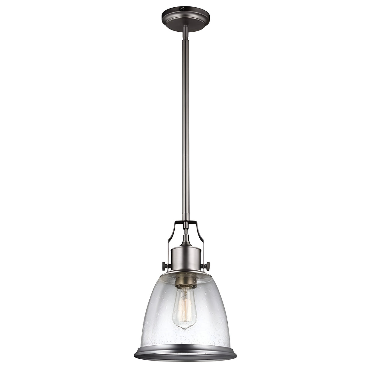 The Hobson 1 Light Medium Pendant in Satin Nickel elegantly hangs with a seeded glass shade suspended from a rod. Its visible bulb enhances the modern industrial aesthetic, making it an ideal industrial-inspired lighting solution.