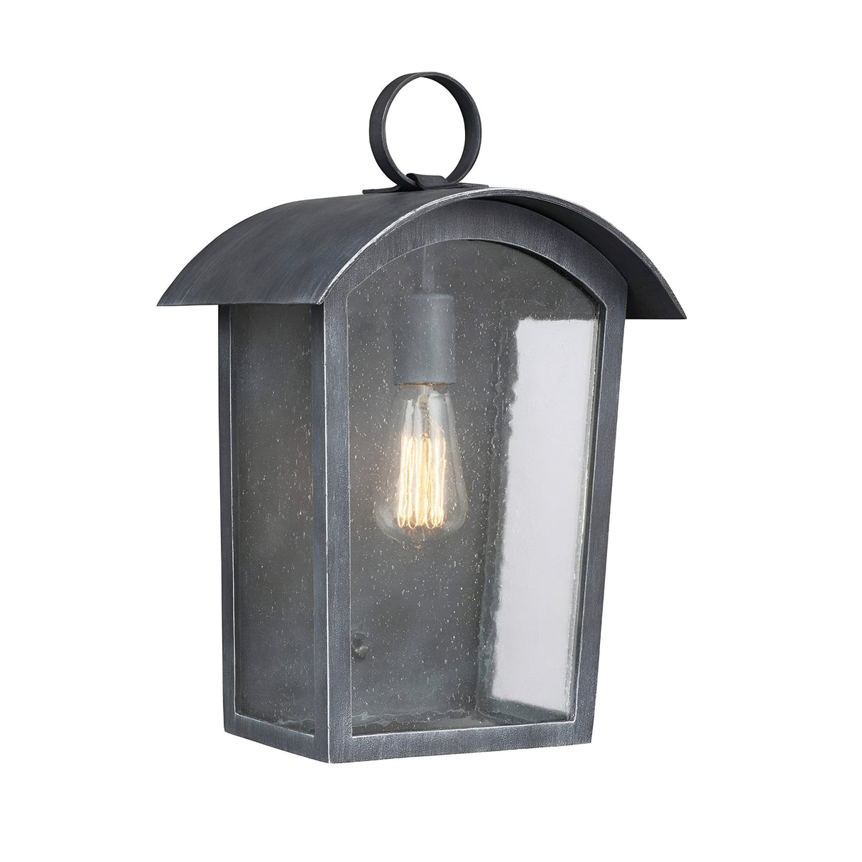 The Hodges Outdoor Large Wall Lantern in Ash Black features a vintage design with a curved top and clear glass panels. Its metal frame offers a rustic touch that perfectly complements the farmhouse aesthetic, while the visible filament bulb adds charm to any exterior.