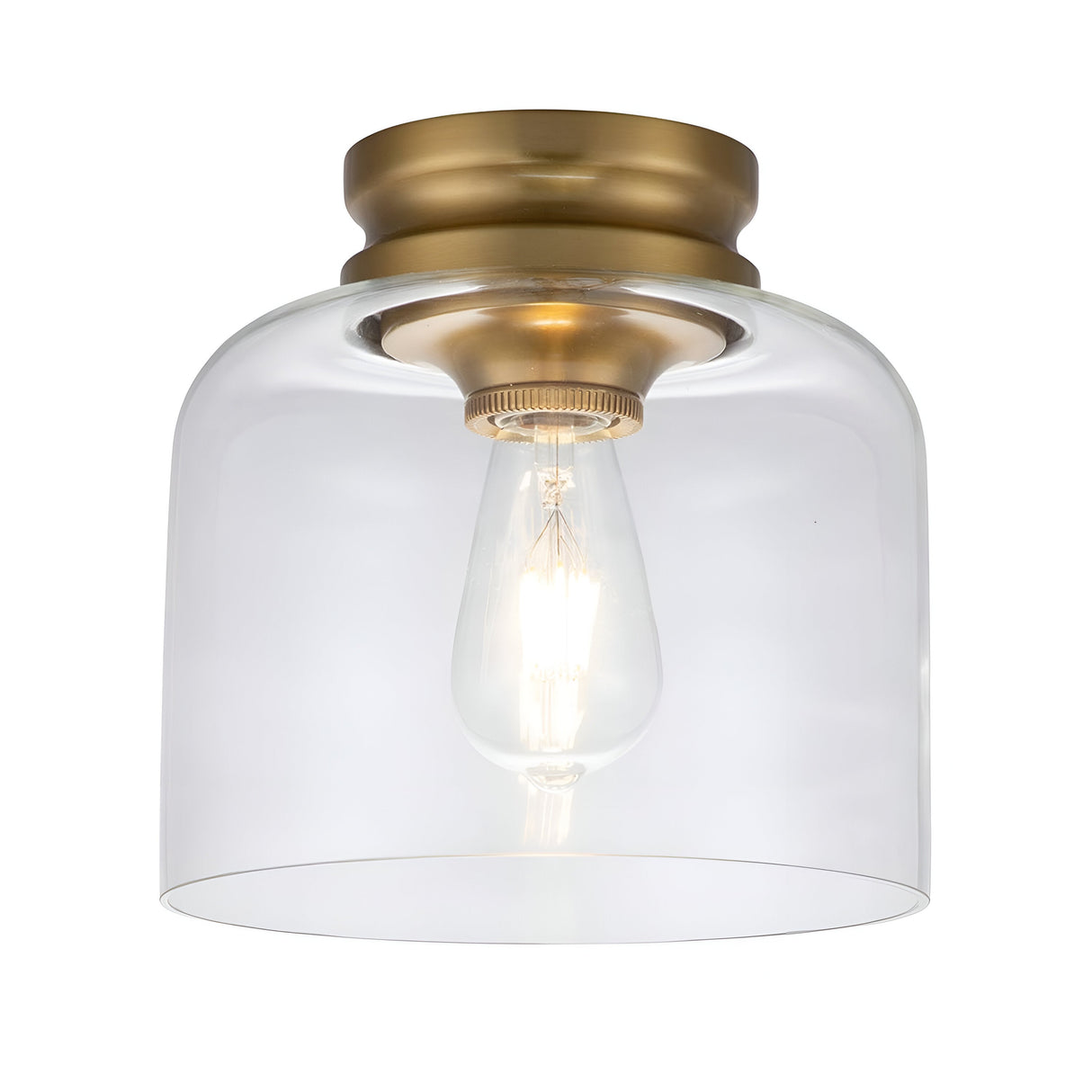 The Hounslow 1 Light Flush in burnished brass features a ceiling light fixture with a clear glass shade and an exposed vintage-style filament bulb inside. This elegant design is perfect for adding a touch of sophistication to any room.