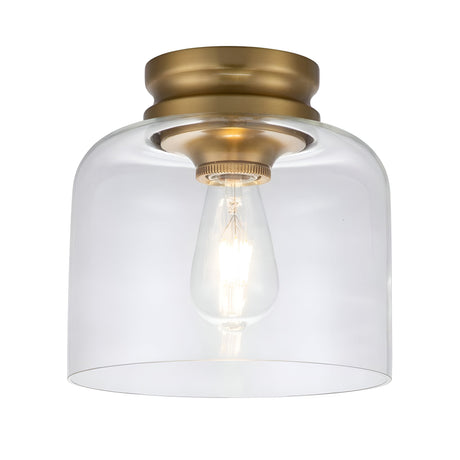 The Hounslow 1 Light Flush in burnished brass features a ceiling light fixture with a clear glass shade and an exposed vintage-style filament bulb inside. This elegant design is perfect for adding a touch of sophistication to any room.