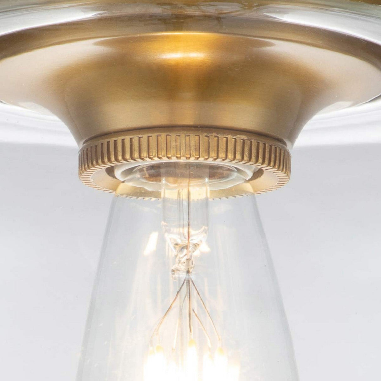A close-up of the Hounslow 1 Light Flush in Burnished Brass showcases its sleek and modern design. It features a clear glass shade, with partially visible bulb filaments inside, adding an intriguing detail to the ceiling light fixture.