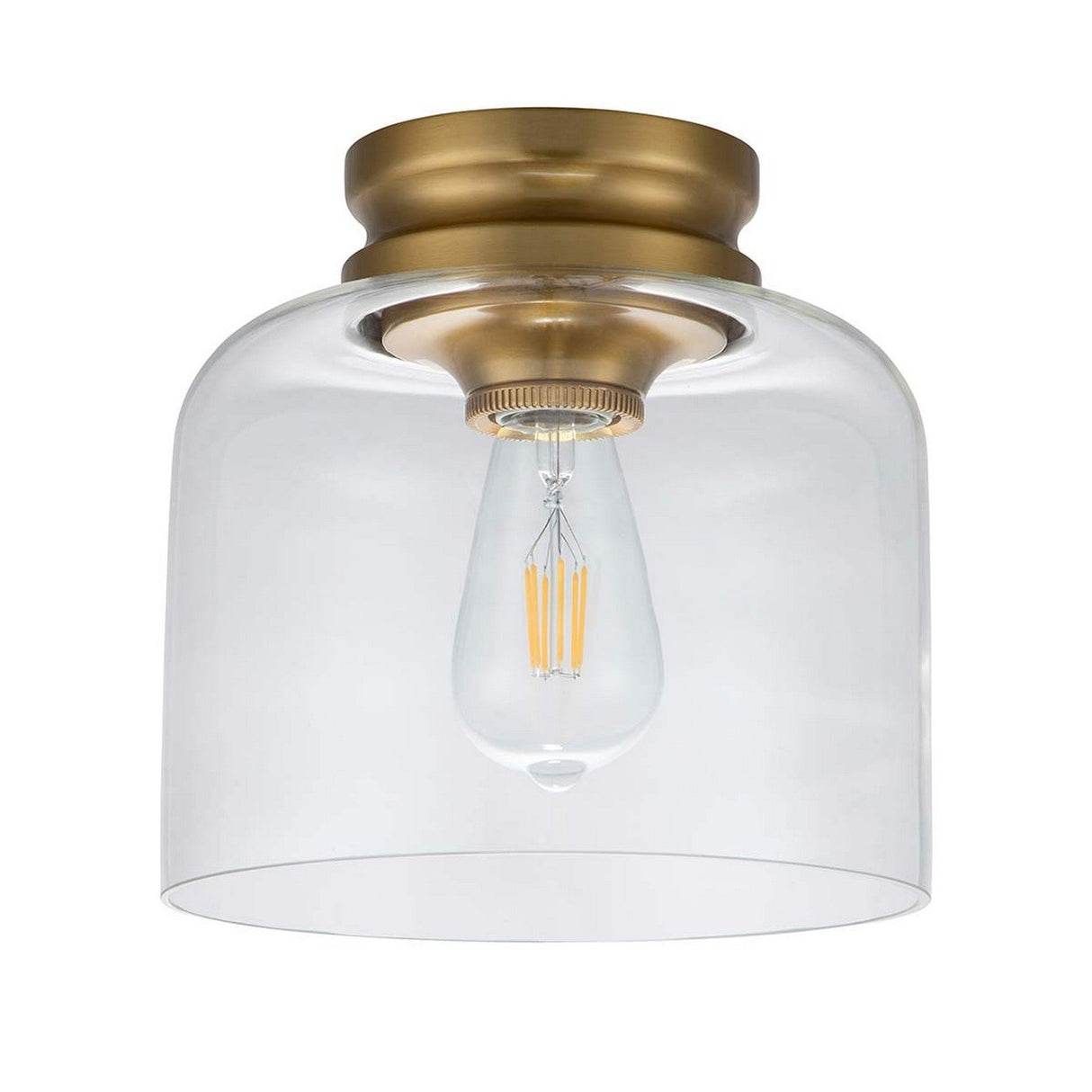 The Hounslow 1 Light Flush - Burnished Brass features a vintage-style bulb with a clear glass shade and burnished brass fixture, blending modern and industrial aesthetics seamlessly.
