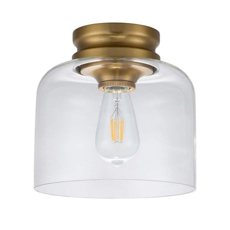 The Hounslow 1 Light Flush - Burnished Brass features a vintage-style bulb with a clear glass shade and burnished brass fixture, blending modern and industrial aesthetics seamlessly.