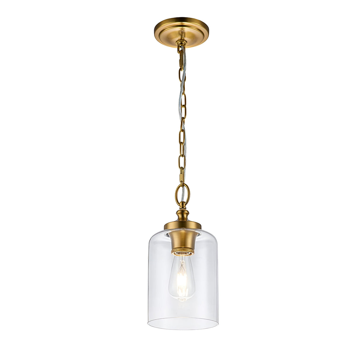 The Hounslow 1 Light Mini Pendant in burnished brass showcases a clear glass shade and visible bulb. This fixture is gracefully suspended from a gold chain connected to a round ceiling mount.