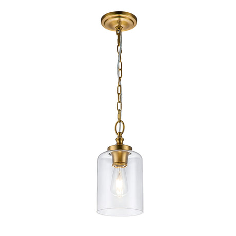The Hounslow 1 Light Mini Pendant in burnished brass showcases a clear glass shade and visible bulb. This fixture is gracefully suspended from a gold chain connected to a round ceiling mount.