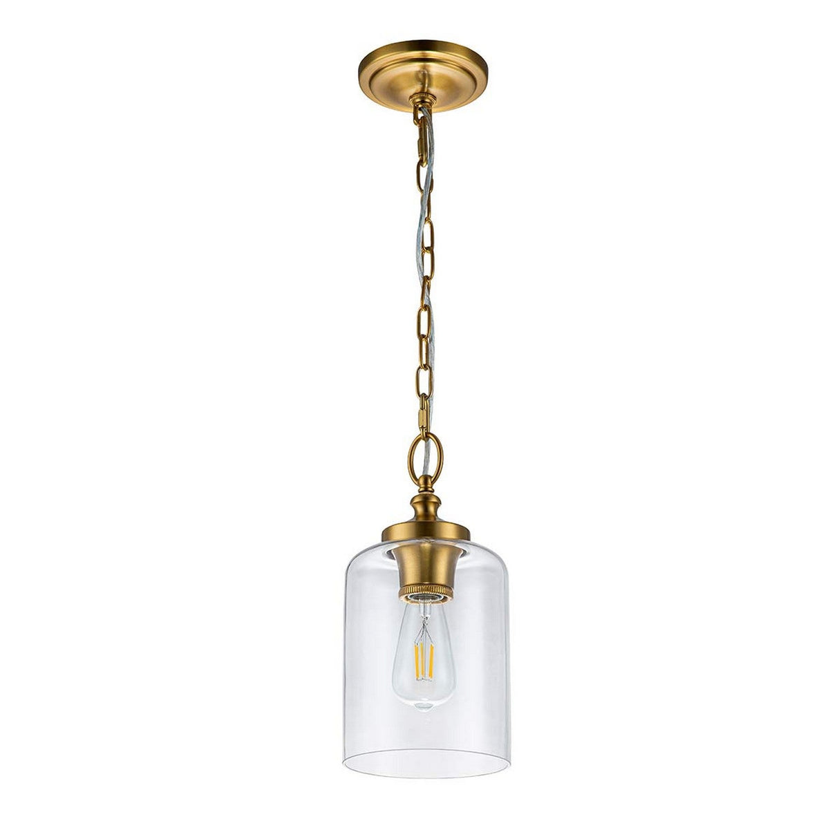 The Hounslow 1 Light Mini Pendant in burnished brass includes a chain and fixture, showcasing a clear cylindrical glass shade with an exposed bulb.