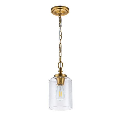 The Hounslow 1 Light Mini Pendant in burnished brass includes a chain and fixture, showcasing a clear cylindrical glass shade with an exposed bulb.