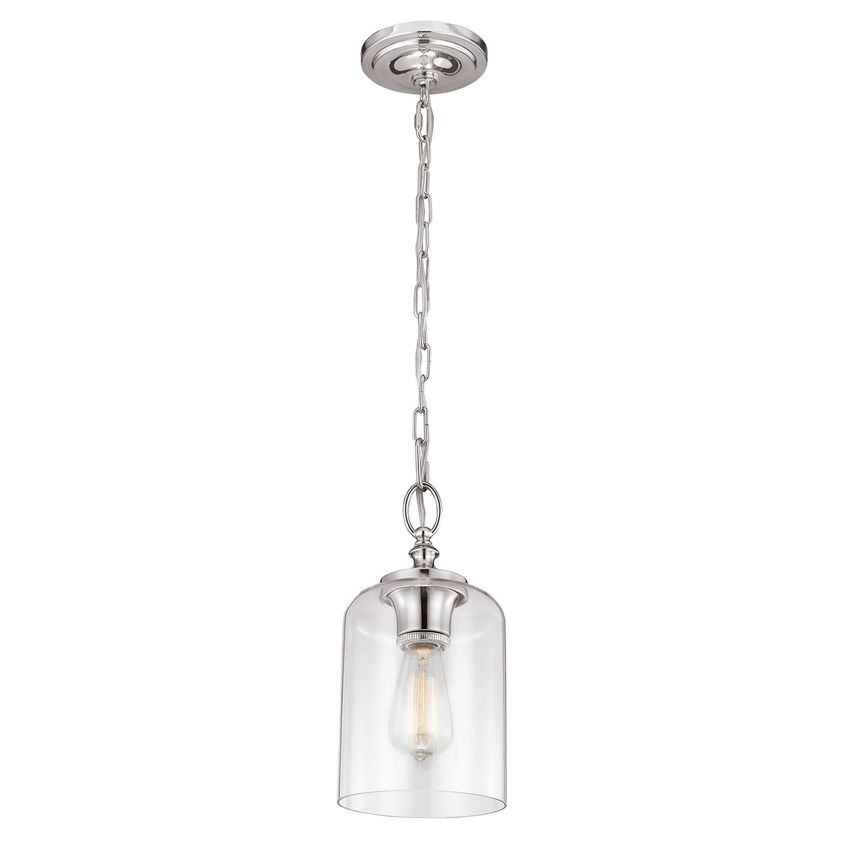 The Hounslow 1 Light Pendant in polished nickel showcases a modern design with a clear glass shade suspended from a metallic chain. The visible lightbulb emits a soft glow, and the sleek metal fixture enhances its contemporary appeal.