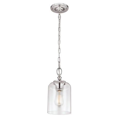 The Hounslow 1 Light Pendant in polished nickel showcases a modern design with a clear glass shade suspended from a metallic chain. The visible lightbulb emits a soft glow, and the sleek metal fixture enhances its contemporary appeal.