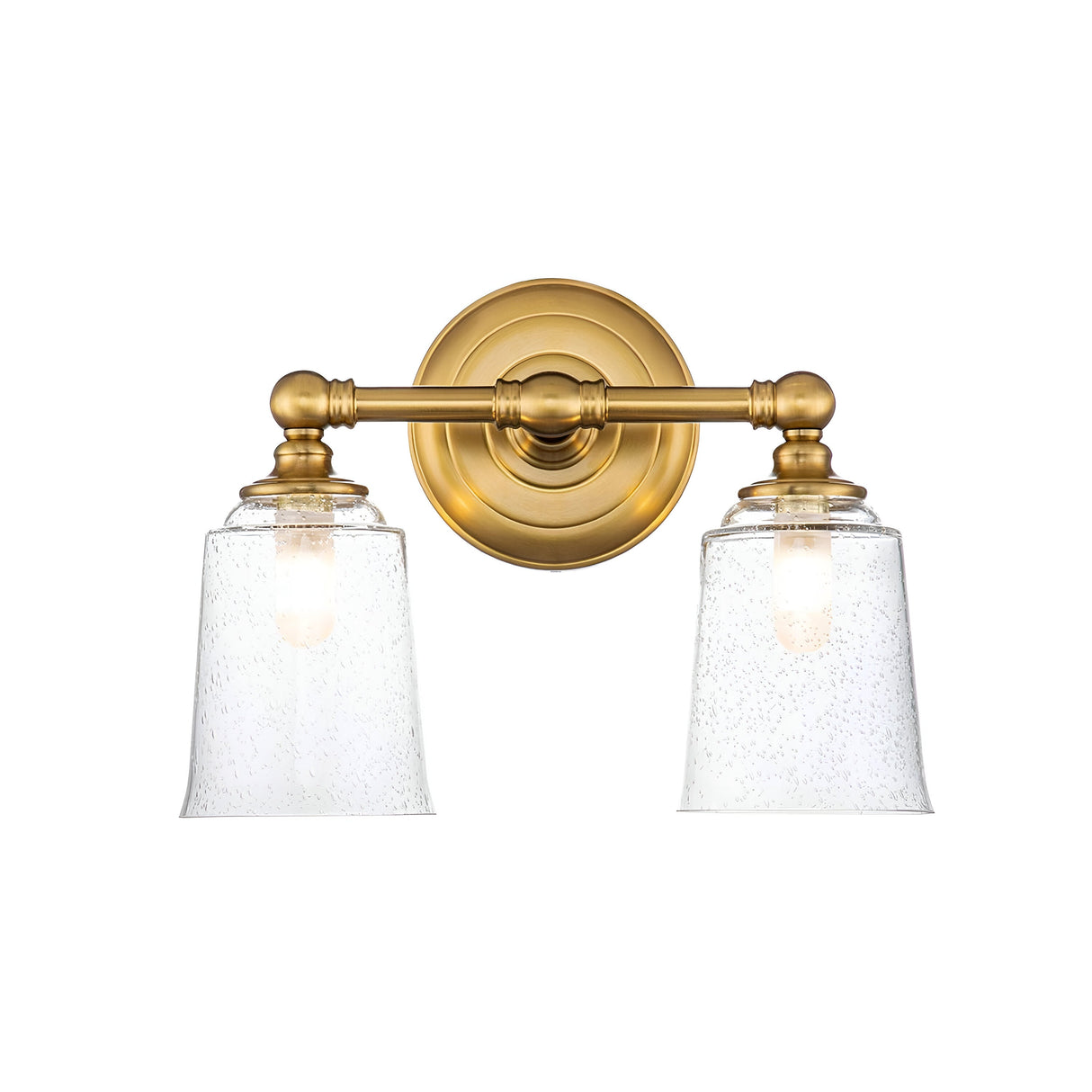 The Huguenot Lake 2 Light Wall Light - Burnished Brass boasts a double sconce design, showcasing a burnished brass finish with clear seeded glass shades. It is mounted on a circular base and accommodates two evenly spaced lights, making it ideal for stylish interior lighting.