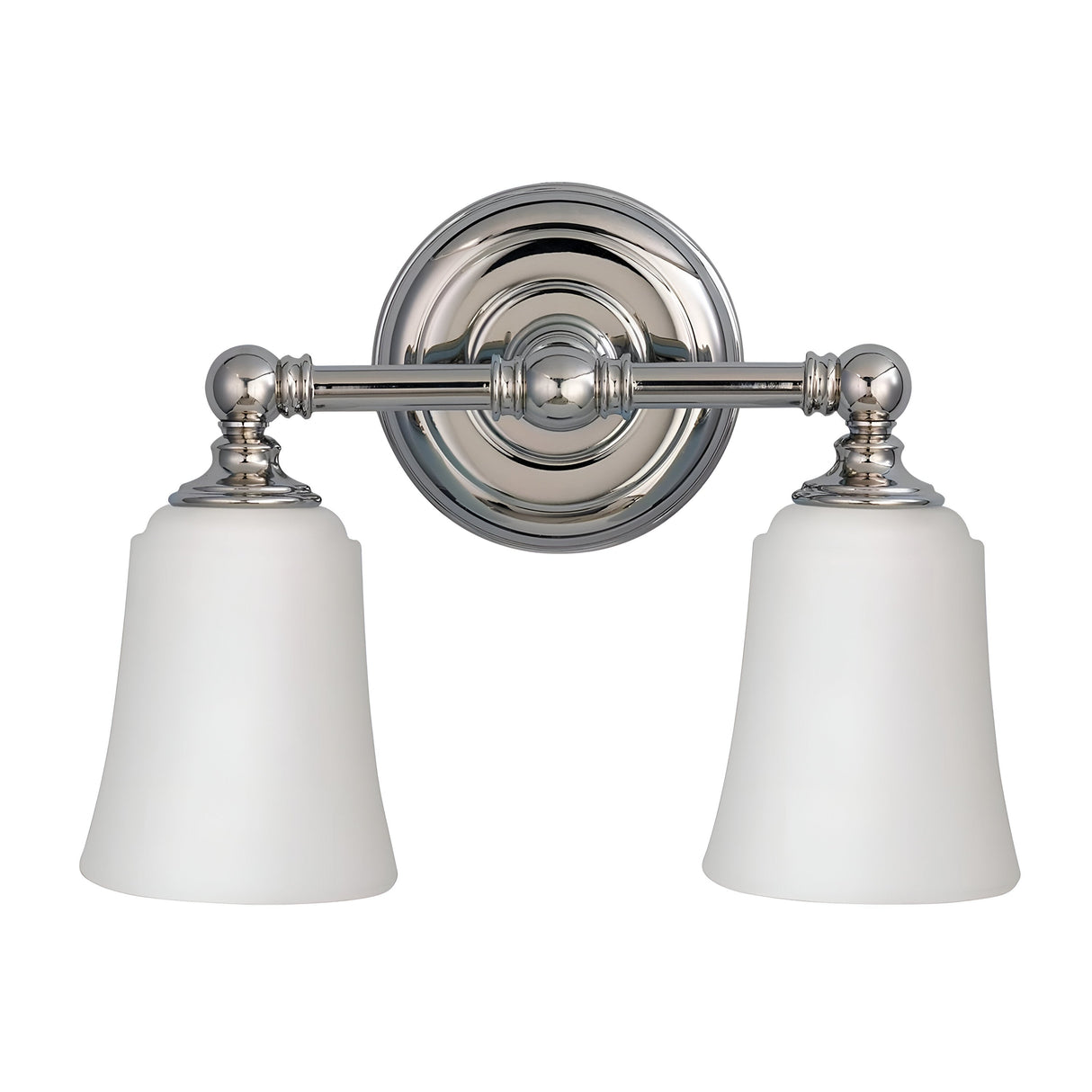 The Huguenot Lake 2 Light Wall Light in polished chrome boasts a circular backplate and shiny metallic finish, featuring two white frosted bell-shaped glass shades that are perfect for enhancing your bathroom lighting.