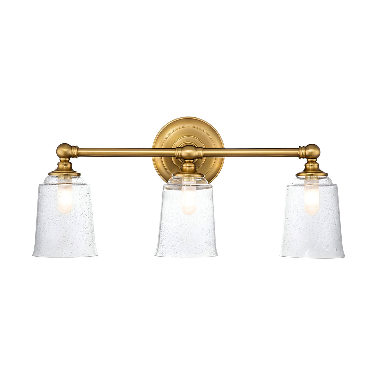 The Huguenot Lake 3 Light Wall Light in burnished brass exudes a Colonial design. This sophisticated fixture features three lights with opaque seeded glass shades. Its central circular base and two horizontal bars lend a timeless appeal, while the slightly tapered shades reveal a speckled detail.