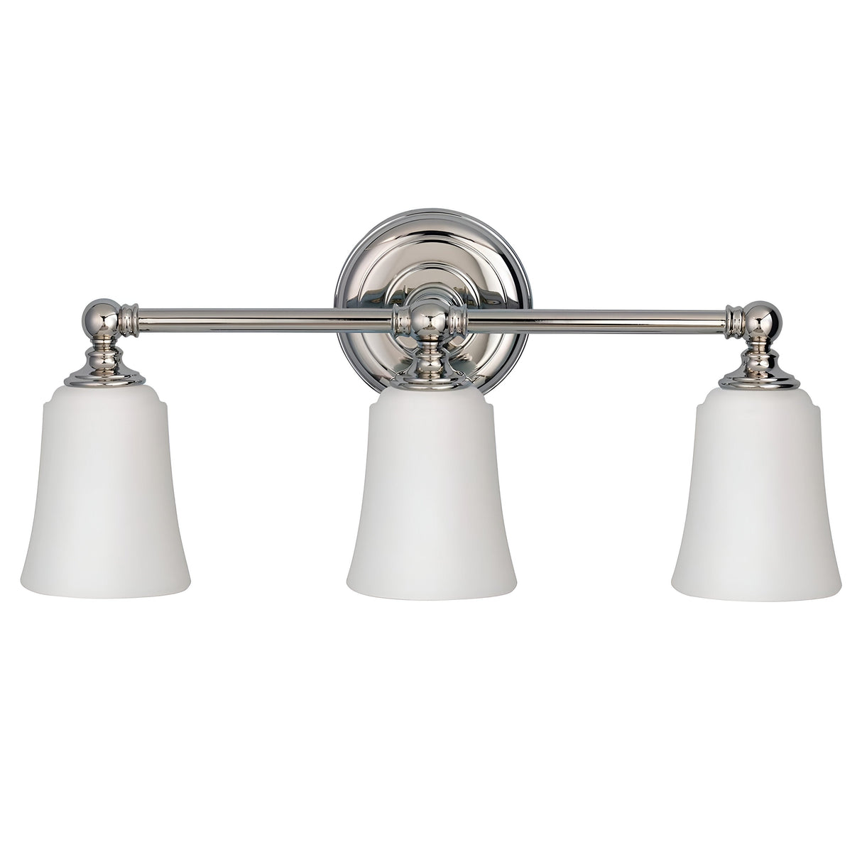 Introducing the Huguenot Lake 3 Light Wall Light in polished chrome, featuring clear seeded glass shades. This fixture boasts a modern and elegant design with a circular wall mount and a horizontal bar connecting its three lights, making it an ideal choice for bathroom or dressing area lighting.