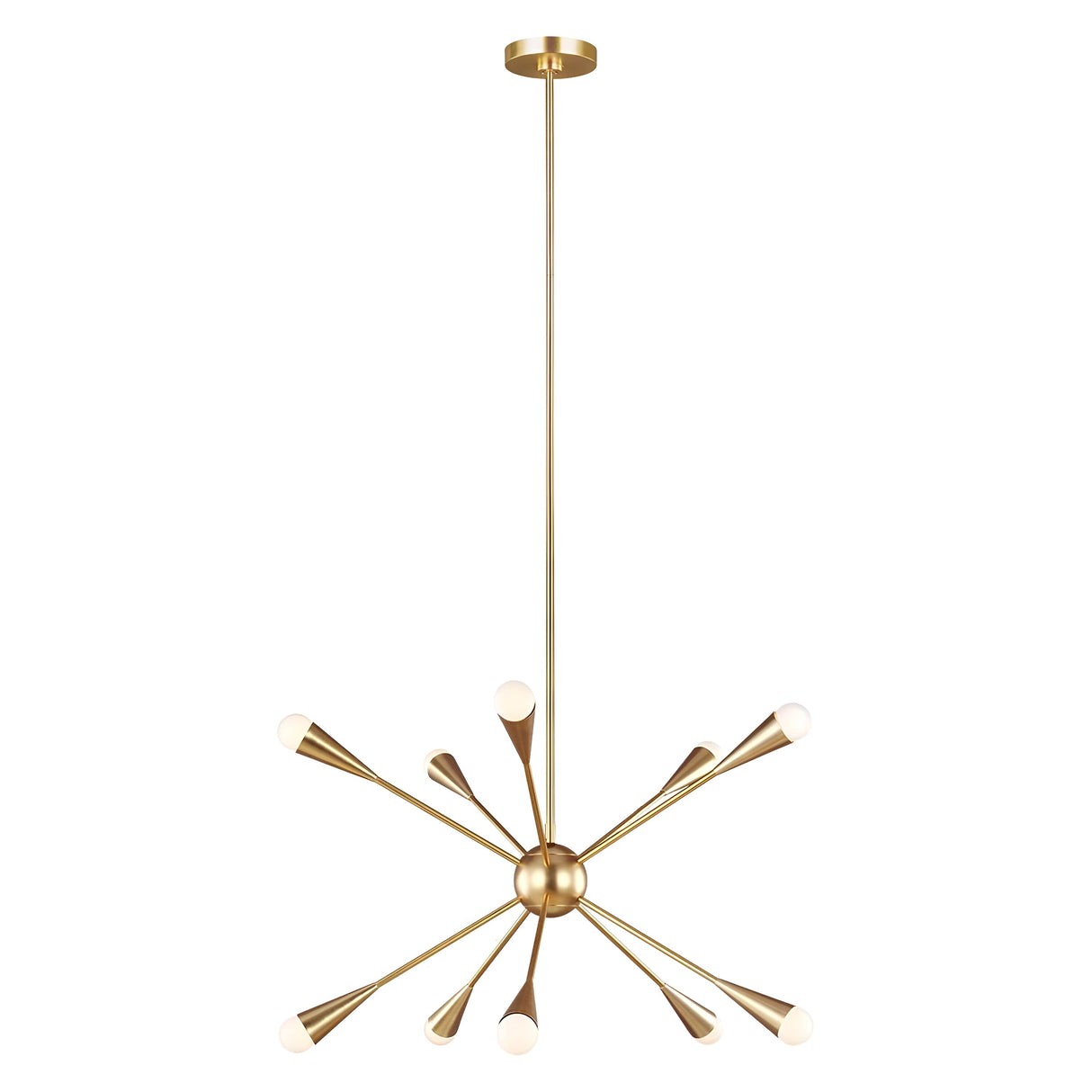 The Jax 10 Light Chandelier - Burnished Brass features a striking central sphere and ten symmetrically arranged arms, each terminating in a light bulb. Its Art Deco style creates a starburst effect, gracefully hanging from a single rod.