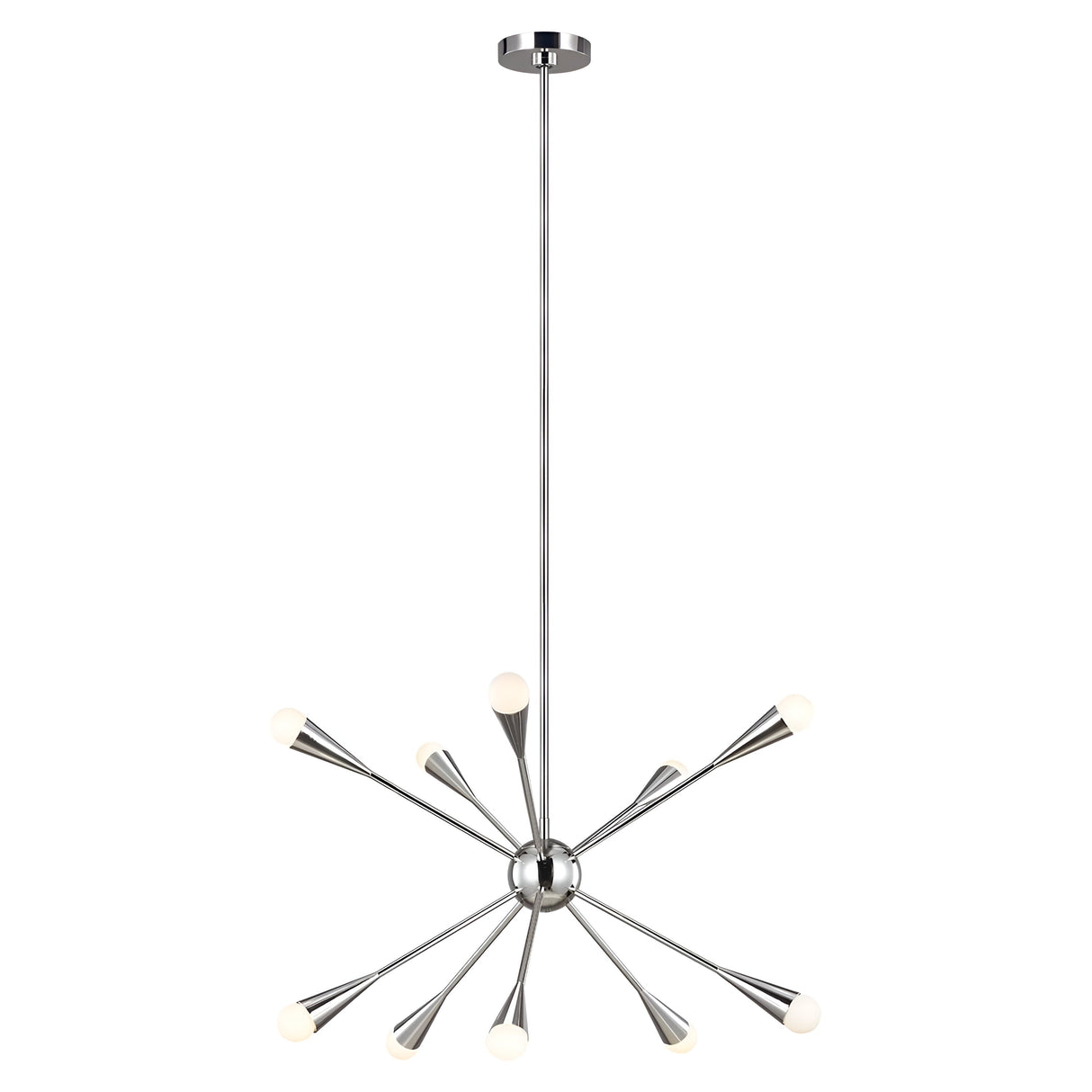 Introducing the Jax 10 Light Chandelier in polished nickel, a contemporary take on the iconic sputnik design. This Art Deco-inspired piece features a central sphere and ten elegantly extending arms, each culminating in a sleek circular light bulb, perfectly blending sophistication and modern appeal.