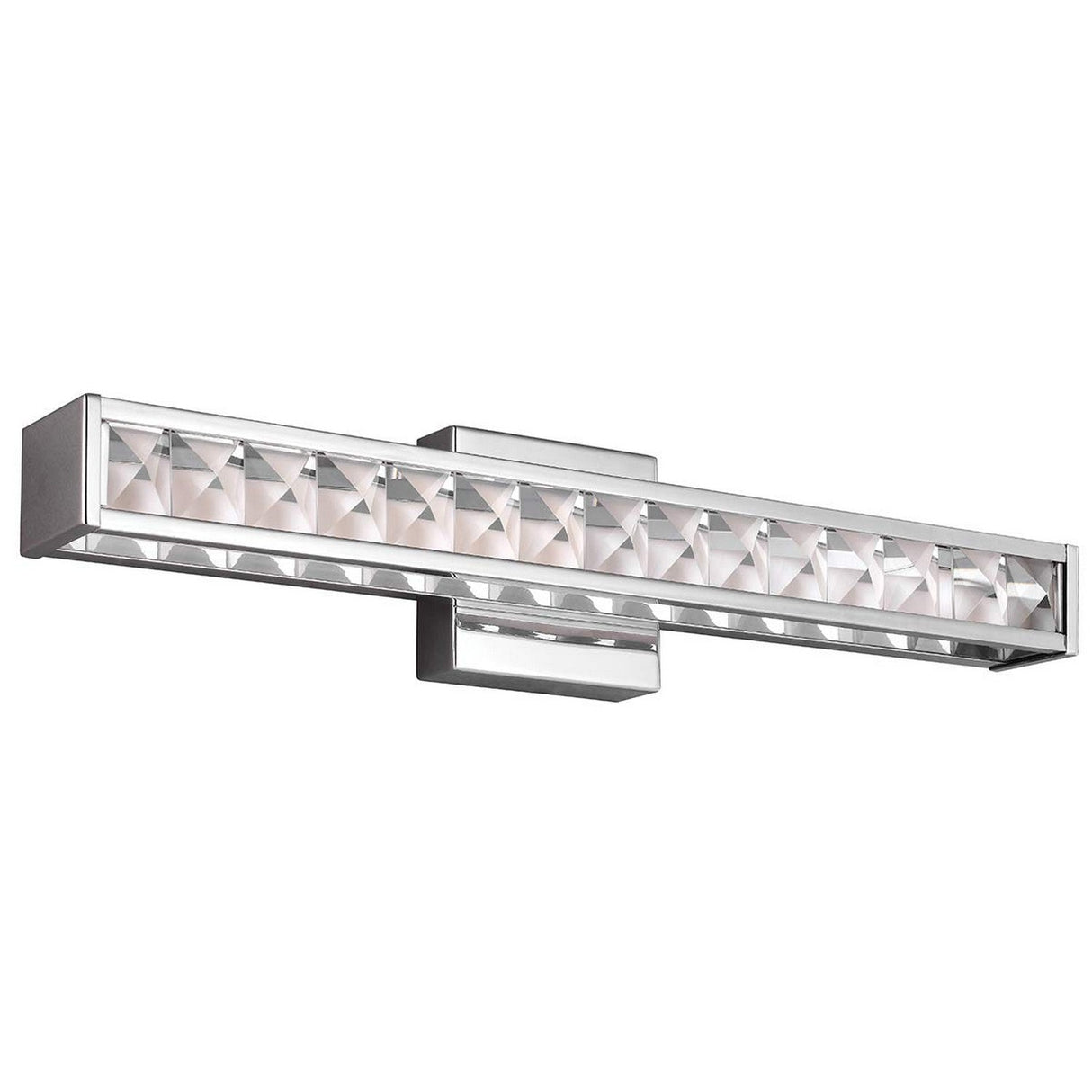 The Jessie 1 Light LED Wall Light in polished chrome boasts a modern rectangular design, showcasing faceted crystal-like textures on its front panel that emit a bright white light.