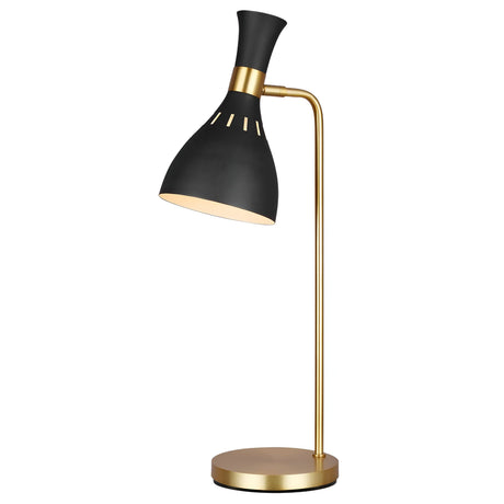 The Joan 1 Light Table Lamp combines modern elegance with its midnight black and gold design, featuring a curved gold arm, a conical black shade adorned with gold accents, and resting on a round burnished brass base.