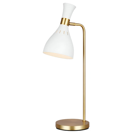 The Joan 1 Light Table Lamp showcases a sleek, minimalist design with a burnished brass stand and base, complemented by a matte white conical lampshade, making it ideal for contemporary interiors.