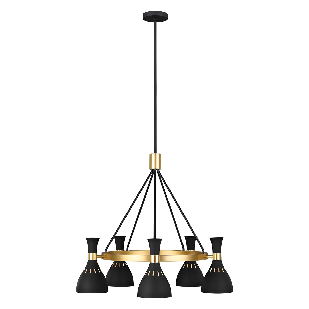The Joan 5 Light Chandelier - Midnight Black/Burnished Brass boasts a modern design with five cone-shaped shades in a striking midnight black, set within a burnished brass circular frame and gracefully suspended by black rods from a round ceiling mount.