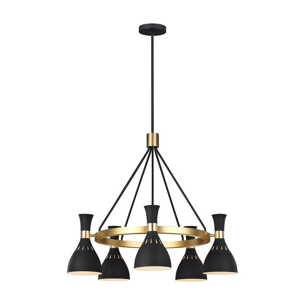 The Joan 5 Light Chandelier - Midnight Black/Burnished Brass features a sleek modern design with five lampshades in Midnight Black complemented by Burnished Brass accents, all elegantly suspended from a central rod. Its circular base seamlessly connects the shades, offering an elegant and contemporary look.