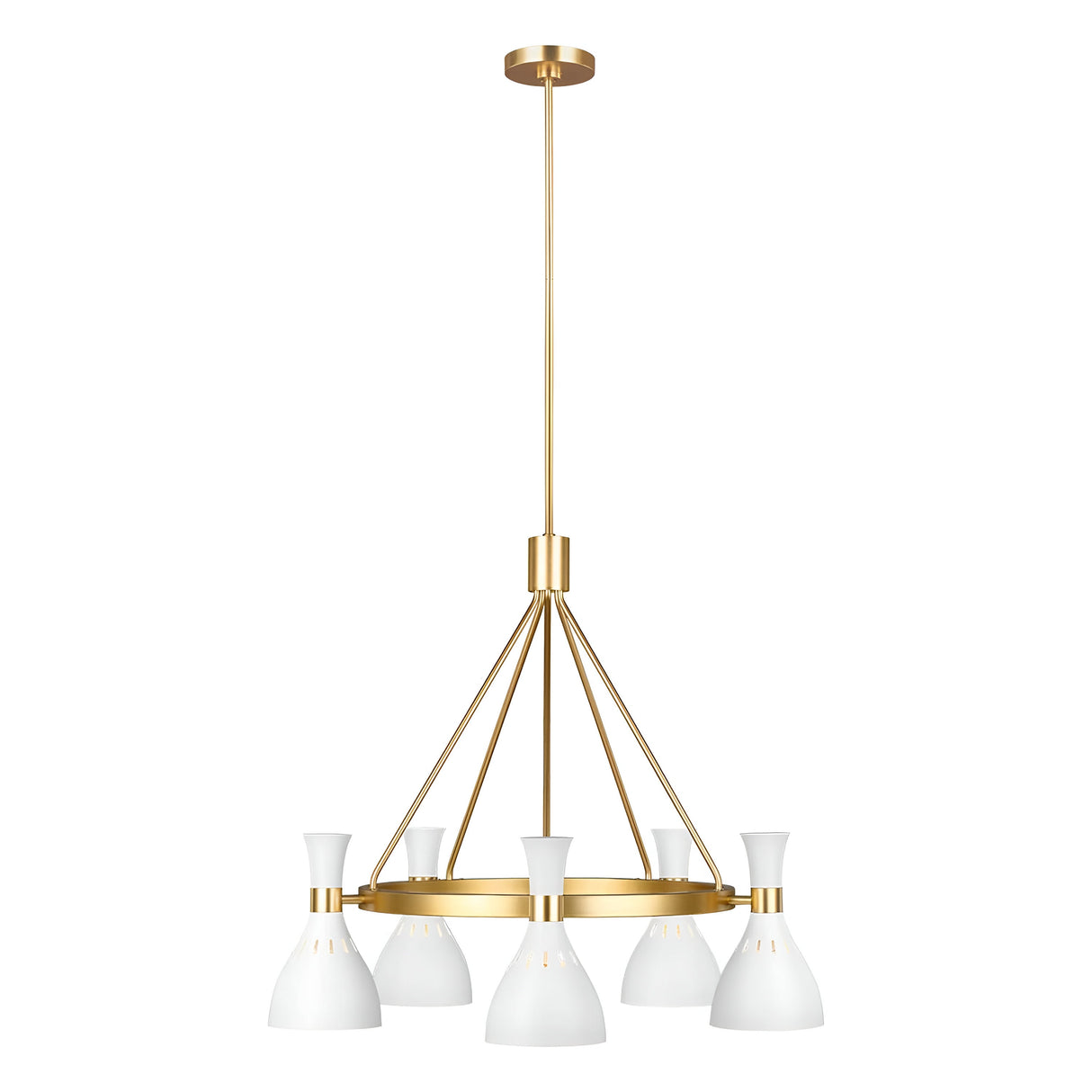 The Joan 5 Light Chandelier in Matte White/Burnished Brass showcases modern elegance with its burnished brass frame and five cone-shaped white lampshades. The design includes a central rod with radial arms that connect to a circular frame, all hanging from a matching ceiling mount.