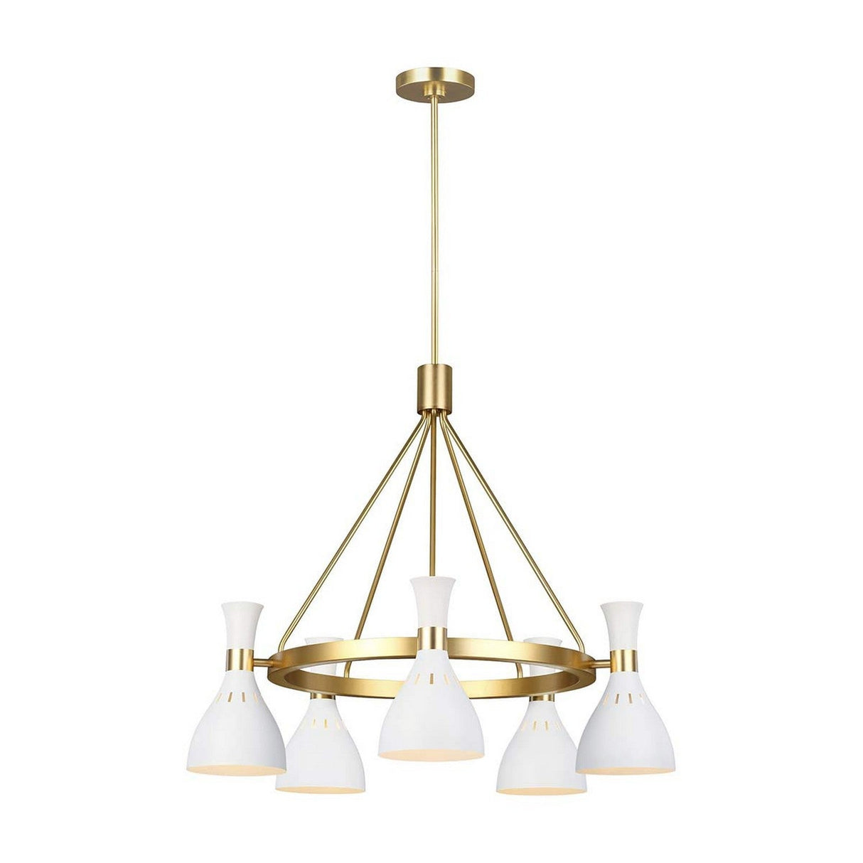The Joan 5 Light Chandelier in Matte White and Burnished Brass showcases modern elegance with a circular arrangement of five downward-facing white lampshades on a burnished brass frame, all suspended from a slender rod.