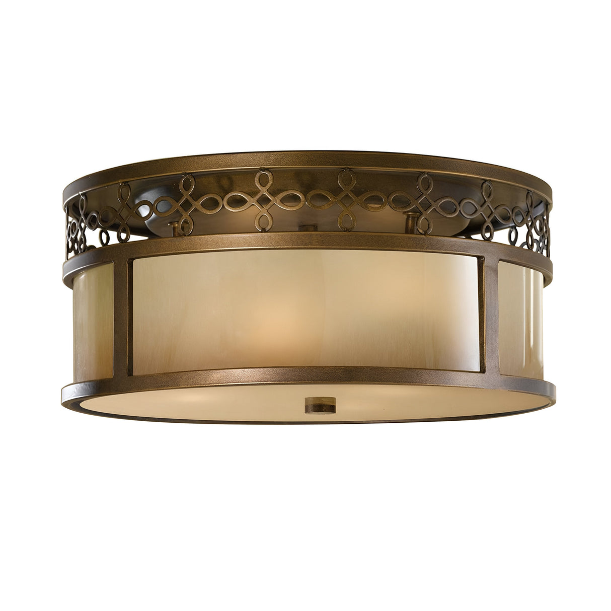 The Justine 3 Light Flush in Astral Bronze features a round design with intricate lace-like metalwork along the top edge and a frosted glass shade at its center, providing rustic elegance and a warm, sophisticated look.